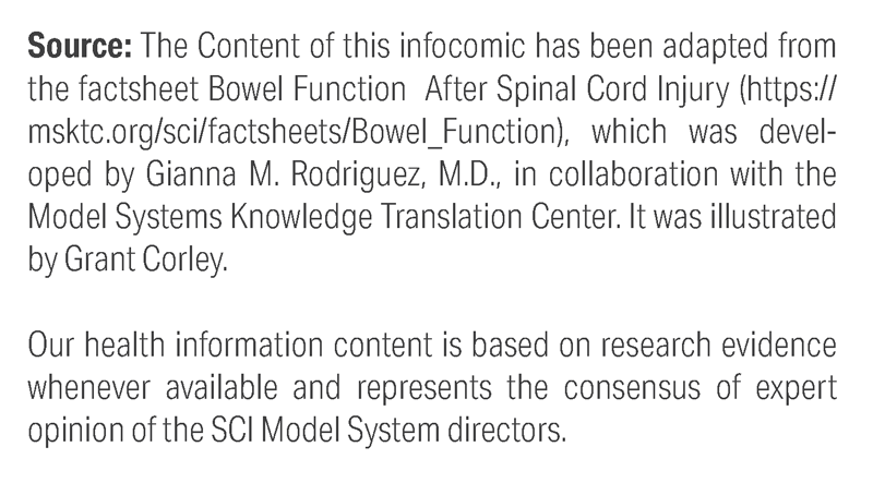 Source: The Content of this infocomic has been adapted from the factsheet Bowel Function After Spinal Cord Injury, which was developed by Gianna M. Rodriguez, M.D., in collaboration with the Model Systems Knowledge Translation Center. It was illustrated by Grant Corley. Our health information content is based on research evidence whenever available and represents the consensus of expert opinion of the SCI Model System directors.