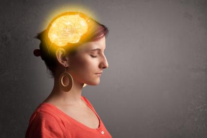 Photo of woman with illustration of brain lighted up